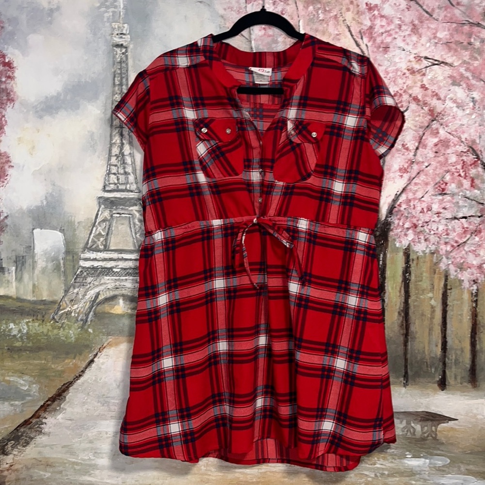 Times Two Plaid Drawstring Waist Red and Black Dress/ Long Top sz Junior XL